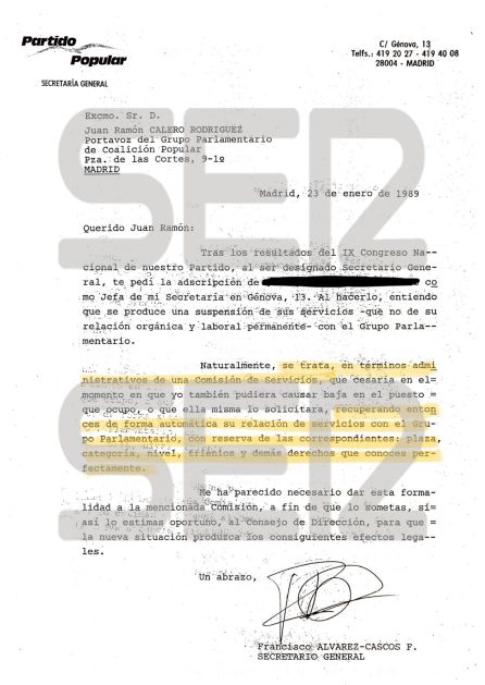 Documento de 1989 de la secretaría general del PP Documento de 1989 de la secretaría general del PP