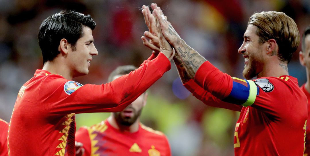Alvaro Morata y Sergio Ramos, durante la celebración del segundo gol Alvaro Morata y Sergio Ramos, durante la celebración del segundo gol