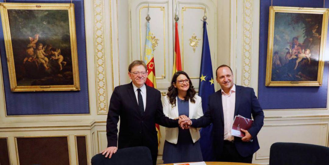 Foto de archivo del primer encuentro entre Ximo Puig, Mónica Oltra y Rubén Martínez Dalmau Foto de archivo del primer encuentro entre Ximo Puig, Mónica Oltra y Rubén Martínez Dalmau