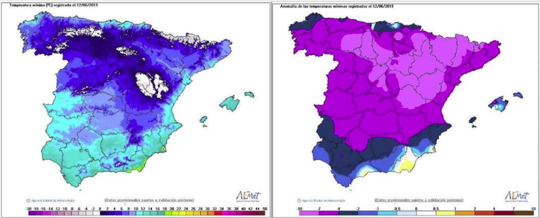 A la izquierda, las temperaturas mínimas de este 12 de junio; a la derecha, las anomalías térmicas para esta época del año. A la izquierda, las temperaturas mínimas de este 12 de junio; a la derecha, las anomalías térmicas para esta época del año.