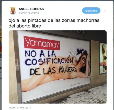 Tuit en el que Bordas se refiere a las feministas como "zorras machorras". Tuit en el que Bordas se refiere a las feministas como "zorras machorras".