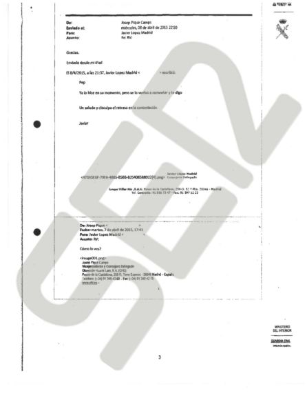 Piqué reenvía el correo de Martín de Nicolás a Javier López Madrid preguntándole "Cómo lo ves?"(SIC), y López Madrid le responde con un "Pep, ya lo hice en su momento, pero se lo vuelvo a comentar" Piqué reenvía el correo de Martín de Nicolás a Javier López Madrid preguntándole "Cómo lo ves?"(SIC), y López Madrid le responde con un "Pep, ya lo hice en su momento, pero se lo vuelvo a comentar"