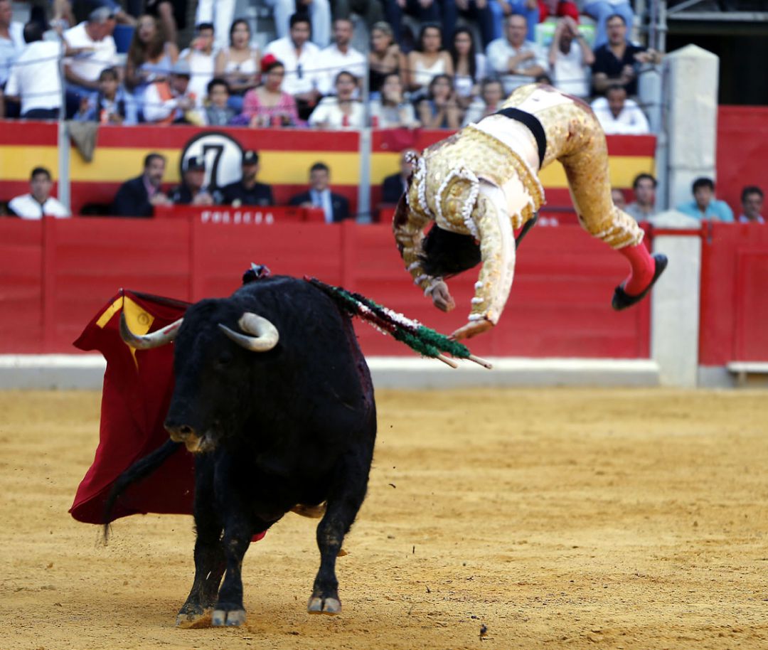 Espectacular voltereta de José Garrido durante la lidia de su segundo toro en la primera de abono en la Feria Taurina del Corpus de Granada Espectacular voltereta de José Garrido durante la lidia de su segundo toro en la primera de abono en la Feria Taurina del Corpus de Granada