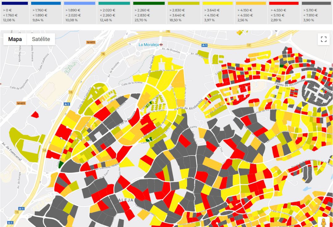 Mapa de calor de los precios en el distrito Urbanizaciones de Alcobendas Mapa de calor de los precios en el distrito Urbanizaciones de Alcobendas