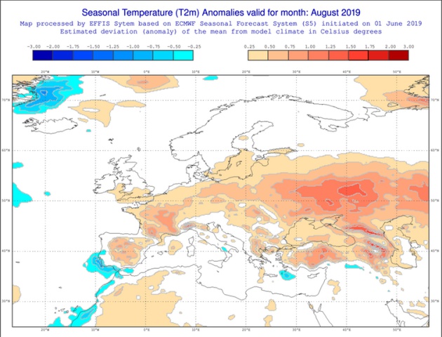 Anomalías estacionales de la temperatura previstas para agosto. Anomalías estacionales de la temperatura previstas para agosto.