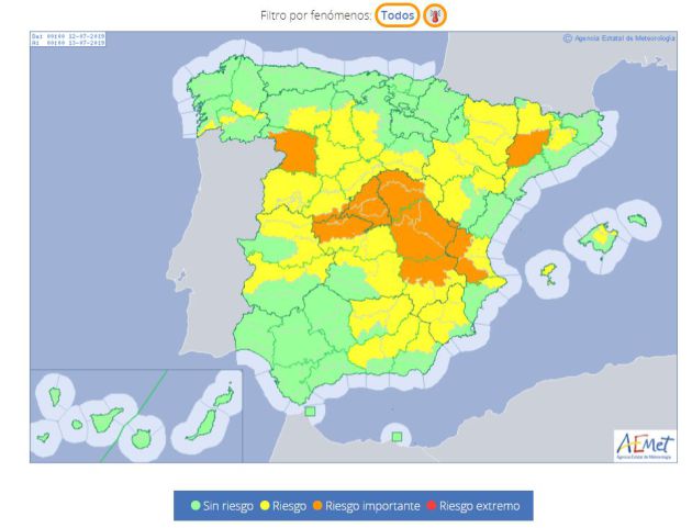 Alertas de Aemet para el viernes 12 de julio. Alertas de Aemet para el viernes 12 de julio.