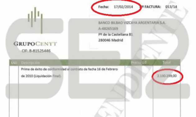 Factura de la prima de éxito que Villarejo cobró del BBVA que coinciden en tiempo con la denuncia que se interpuso en la Audiencia contra Ausbanc. Factura de la prima de éxito que Villarejo cobró del BBVA que coinciden en tiempo con la denuncia que se interpuso en la Audiencia contra Ausbanc.