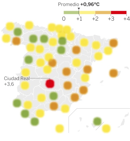Gráfico elaborado por 'El País' sobre el aumento de las temperaturas en la península. Gráfico elaborado por 'El País' sobre el aumento de las temperaturas en la península.