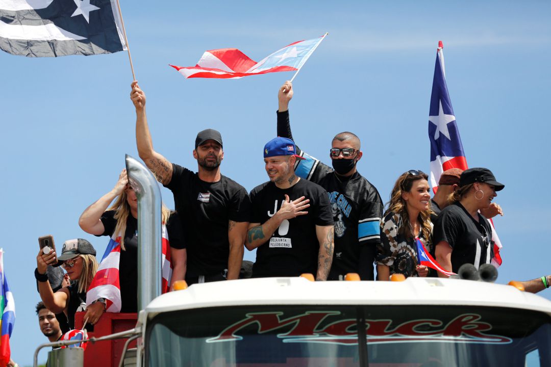 Puerto Rican celebrities including Residente, Bad Bunny and Ricky Martin join demonstrators during a protest calling for the resignation of Governor Ricardo Rossello in San Juan, Puerto Rico July 22, 2019 Puerto Rican celebrities including Residente, Bad Bunny and Ricky Martin join demonstrators during a protest calling for the resignation of Governor Ricardo Rossello in San Juan, Puerto Rico July 22, 2019