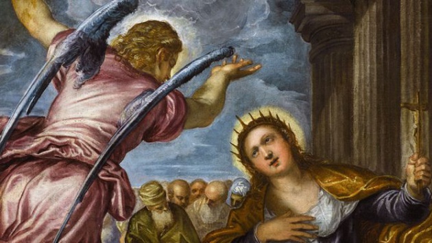 Escena de Ángel anunciando a santa Catalina de Alejandría su martirio Escena de Ángel anunciando a santa Catalina de Alejandría su martirio