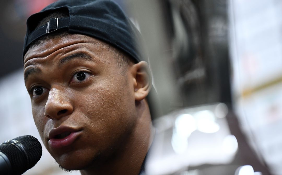 Mbappé, durante la rueda de prensa. Mbappé, durante la rueda de prensa.