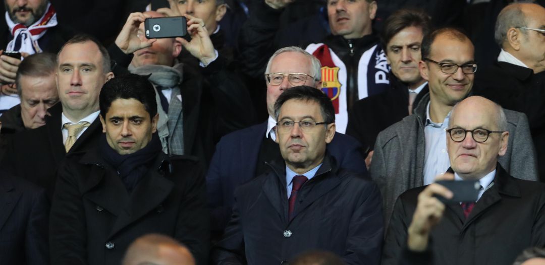 Al-Khelaifi y Bartomeu, durante uno de los últimos partidos entre ambos equipos en el Camp Nou Al-Khelaifi y Bartomeu, durante uno de los últimos partidos entre ambos equipos en el Camp Nou