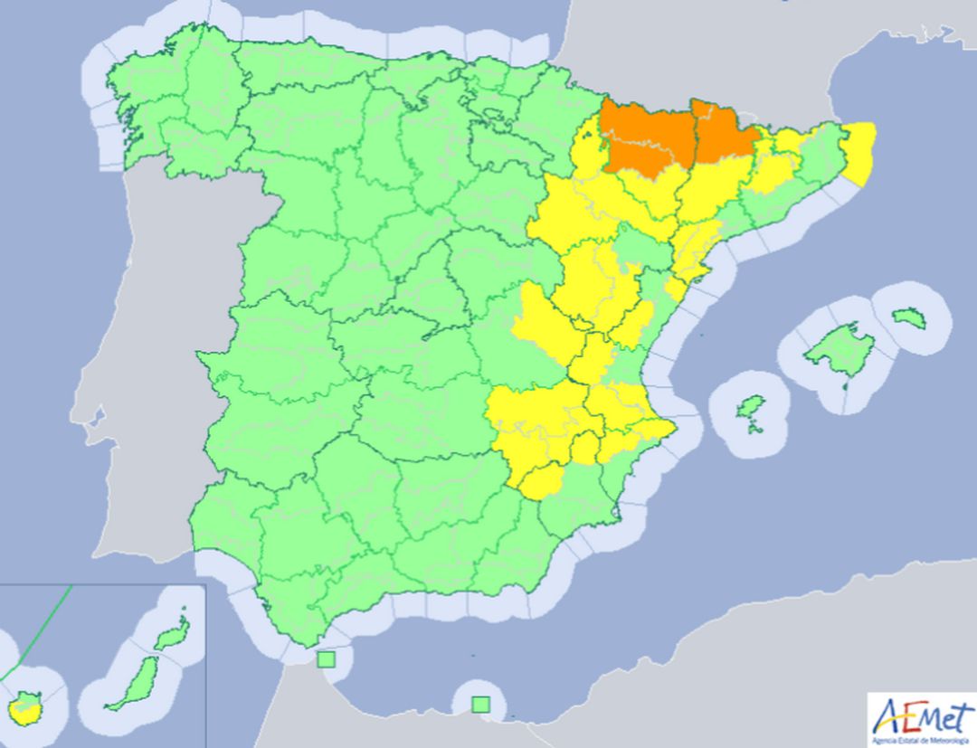 Mapa de alertas de la Aemet para las próximas horas. Mapa de alertas de la Aemet para las próximas horas.
