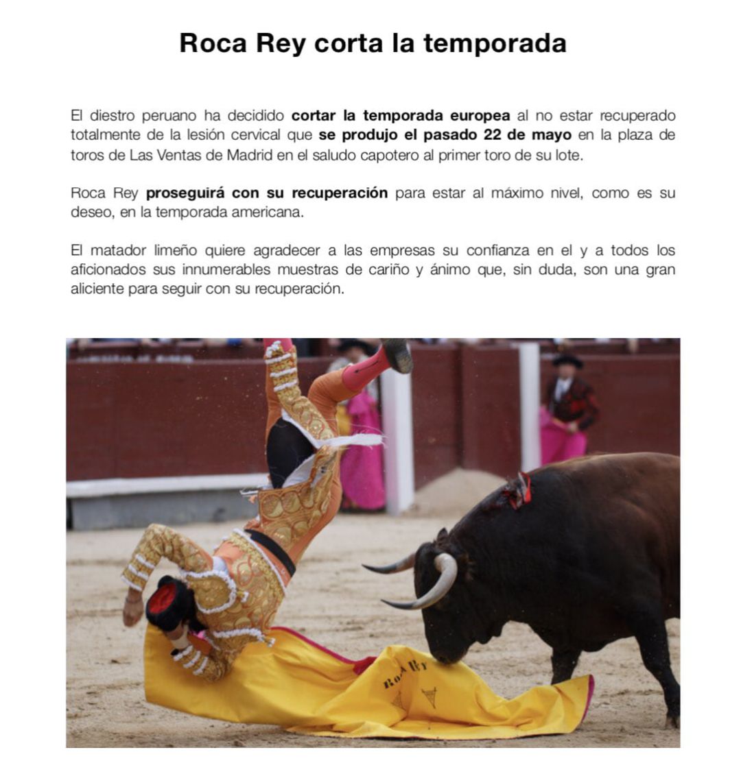 Comunicado oficial difundido por el torero peruano en sus redes sociales Comunicado oficial difundido por el torero peruano en sus redes sociales