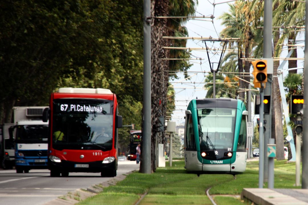 Plano general de un autobús y un tranvía a la altura de la estación de Francia. Plano general de un autobús y un tranvía a la altura de la estación de Francia.