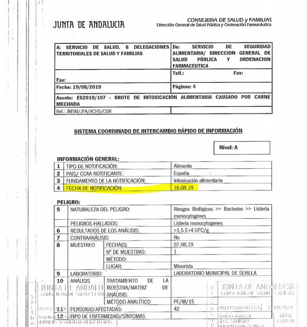 La Junta notificó la alerta con fecha 16 de agosto. La Junta notificó la alerta con fecha 16 de agosto.
