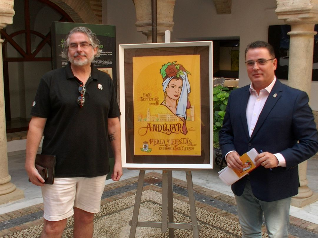 José Miguel Blanco y Pedro Luis Rodríguez, junto al cartel de la Feria de Andújar 2019 José Miguel Blanco y Pedro Luis Rodríguez, junto al cartel de la Feria de Andújar 2019
