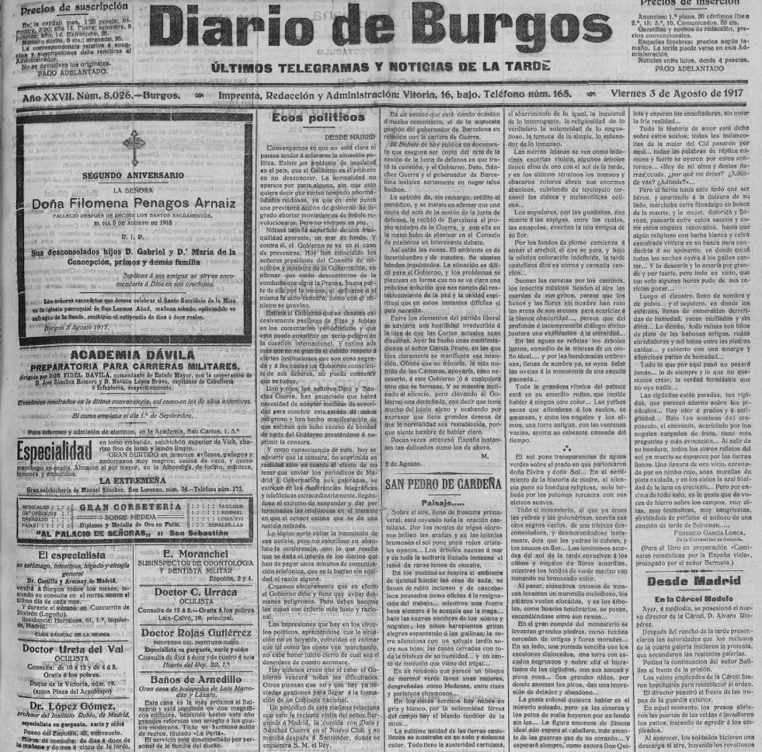Uno de los artículos publicados por García Lorca en 1917 en Diario de Burgos Uno de los artículos publicados por García Lorca en 1917 en Diario de Burgos