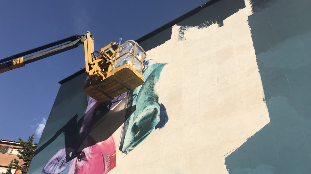 Mr. Trazo pinta en una fachada el mural que será el cartel de San Mateo 2019