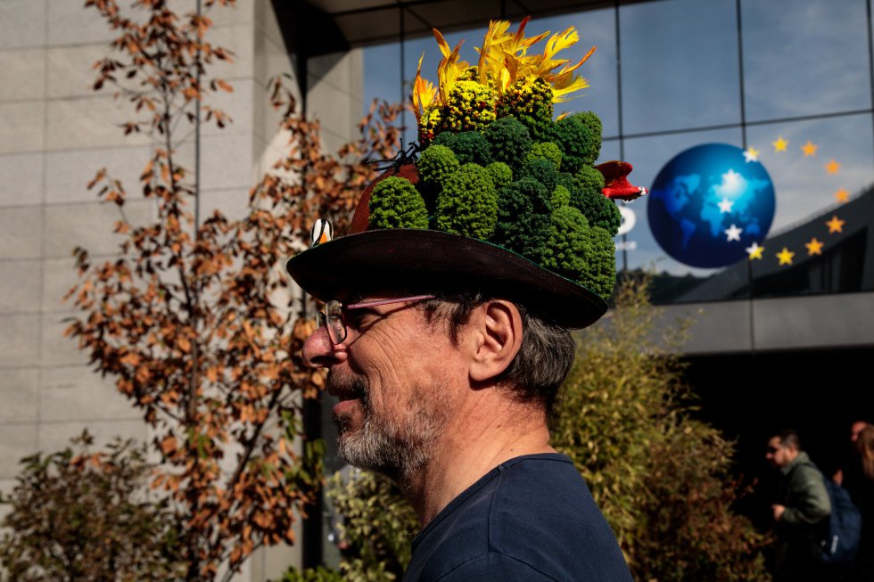La protesta ha captado no solo a los jóvenes, sino también a sus mayores. Un hombre lleva un sugerente sombrero con lo que parecen árboles, muy cerca de los edificios de las instituciones europeas, en Bruselas, Bélgica. La protesta ha captado no solo a los jóvenes, sino también a sus mayores. Un hombre lleva un sugerente sombrero con lo que parecen árboles, muy cerca de los edificios de las instituciones europeas, en Bruselas, Bélgica.