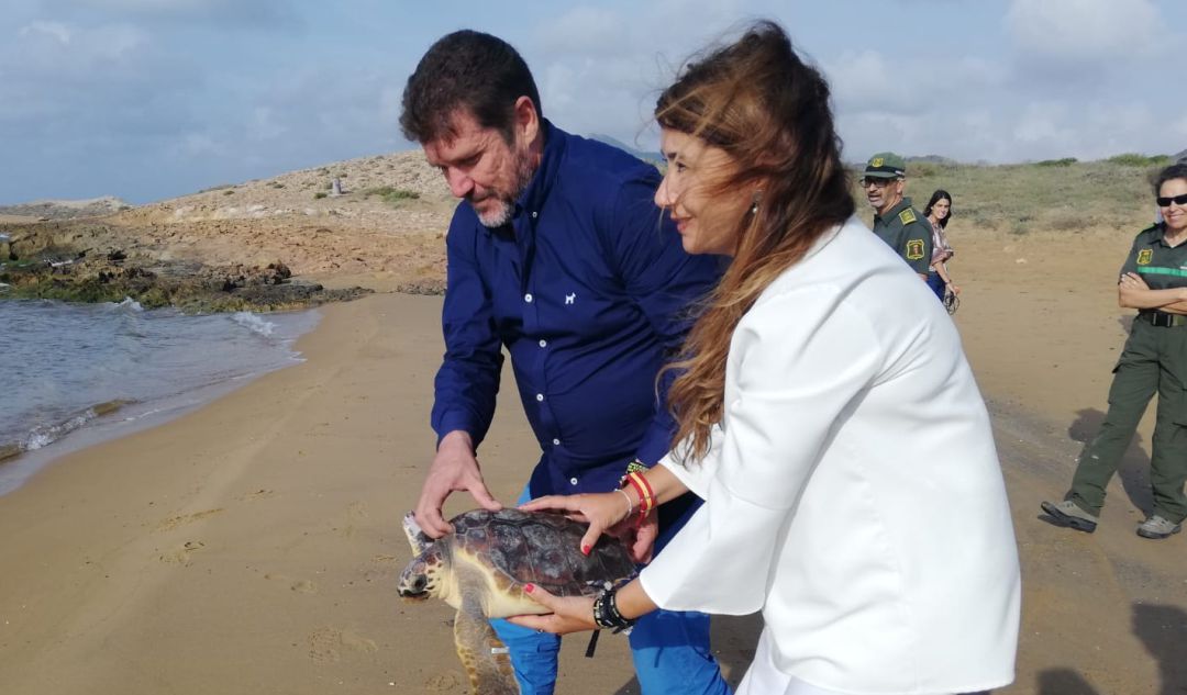 El director general del Medio Natural, Fulgencio Perona, libera a una de las tortugas, junto a la concejala de Ciudad Sostenible y Proyectos Europeos del Ayuntamiento de Cartagena, Cristina Mora. El director general del Medio Natural, Fulgencio Perona, libera a una de las tortugas, junto a la concejala de Ciudad Sostenible y Proyectos Europeos del Ayuntamiento de Cartagena, Cristina Mora.