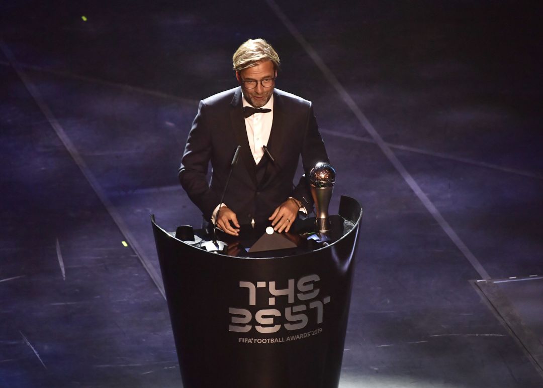 Klopp, durante el discurso. Klopp, durante el discurso.