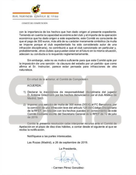 El Comité de Competición sanciona al FC Barcelona con 300 euros por el 'caso Griezmann' El Comité de Competición sanciona al FC Barcelona con 300 euros por el 'caso Griezmann'
