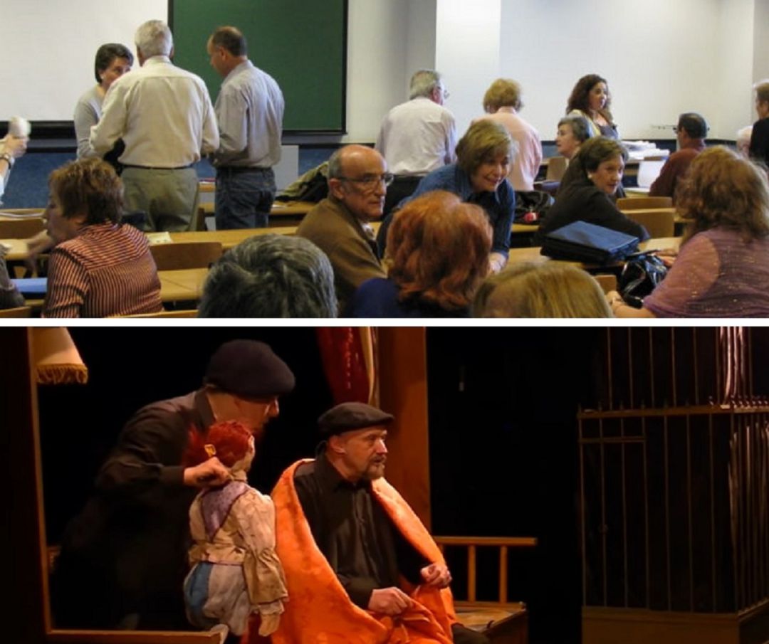 Alumnos adultos en una clase y una representación de Tropos Teatro (abajo) Alumnos adultos en una clase y una representación de Tropos Teatro (abajo)