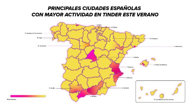 Mapa de las principales ciudades españolas con mayor actividad en Tinder. Mapa de las principales ciudades españolas con mayor actividad en Tinder.