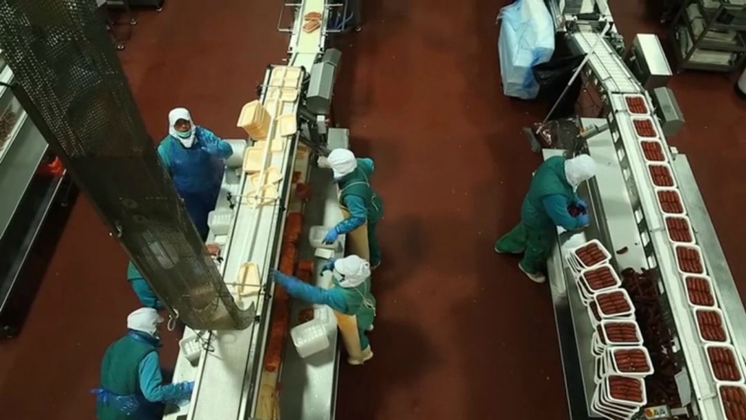 La cadena de trabajo en una empresa de carne La cadena de trabajo en una empresa de carne