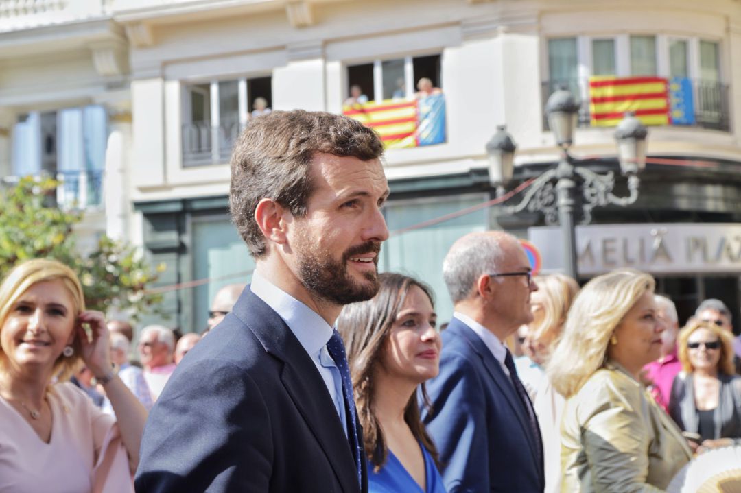 El presidente del Partido Popular, Pablo Casado asiste a la bajada de la Real Senyera y Procesión Cívica en conmemoración de la entrada del Rey Jaume I a Valencia, en Valencia, a 9 de octubre de 2019. El presidente del Partido Popular, Pablo Casado asiste a la bajada de la Real Senyera y Procesión Cívica en conmemoración de la entrada del Rey Jaume I a Valencia, en Valencia, a 9 de octubre de 2019.