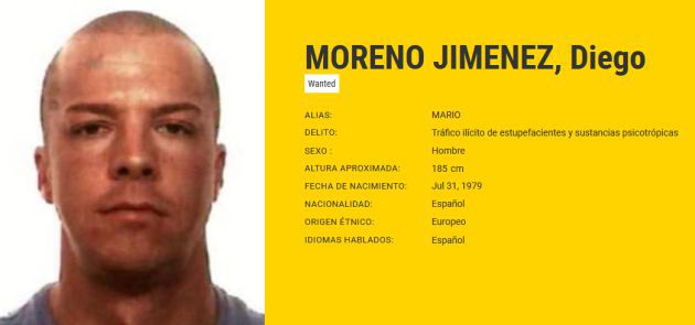 Diego Moreno Jimenez es buscado por tráfico ilícito de estupefacientes. Diego Moreno Jimenez es buscado por tráfico ilícito de estupefacientes.