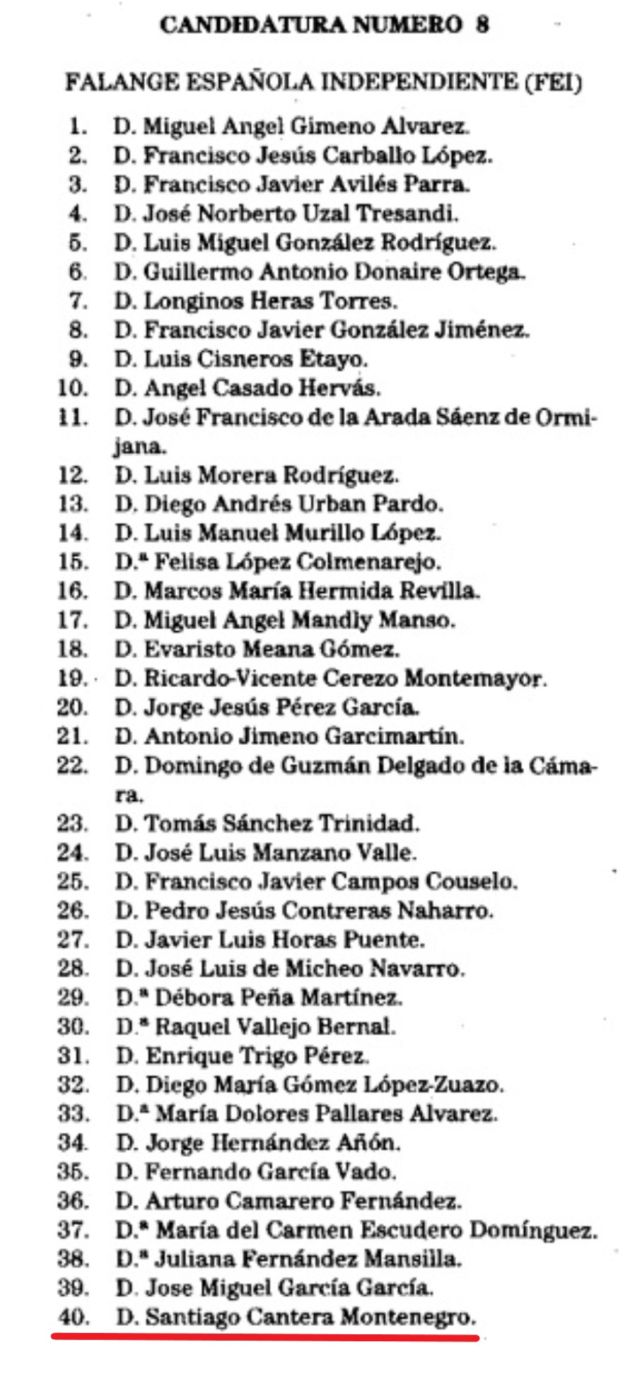 Santiago Cantera, prior del Valle, en el puesto 40 de la lista electoral de Falange Española Independiente al Parlamento Europeo en 1994 Santiago Cantera, prior del Valle, en el puesto 40 de la lista electoral de Falange Española Independiente al Parlamento Europeo en 1994