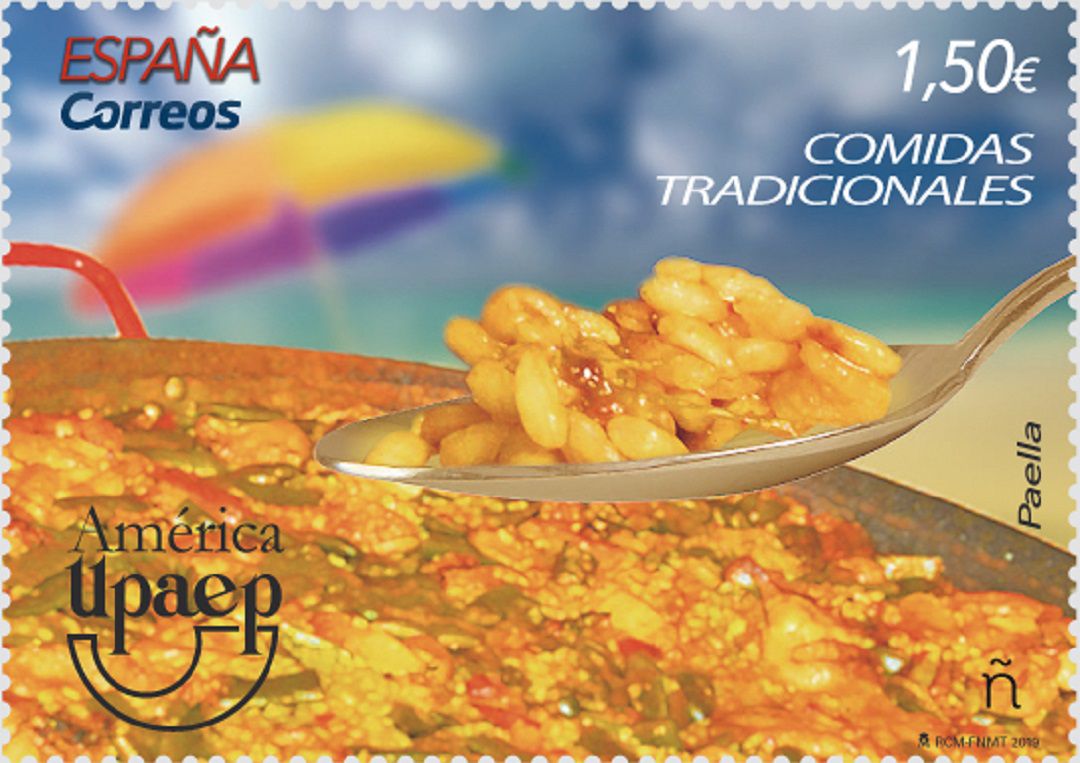 Sello de Correos con la imagen de la paella Sello de Correos con la imagen de la paella