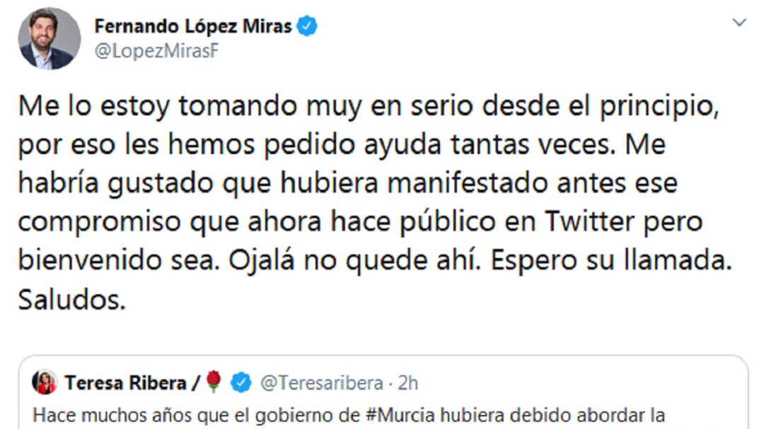 La ministra Ribera y López Miras se lanzan reproches en Twitter