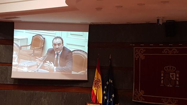 La comparencia de Marchena proyectada en el salón de actos del CGPJ La comparencia de Marchena proyectada en el salón de actos del CGPJ