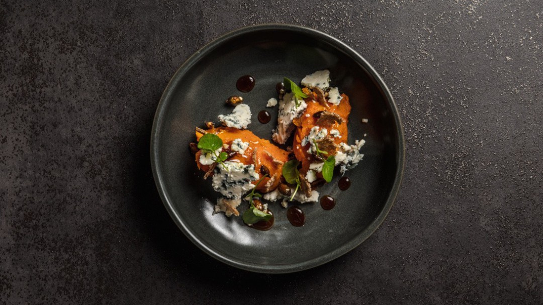 Calabaza, kombucha y queso azul