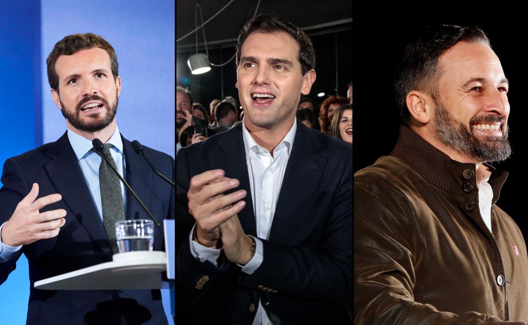 El líder del PP, Pablo Casado, Albert Rivera, de Ciudadanos y Santiago Abascal, de Vox El líder del PP, Pablo Casado, Albert Rivera, de Ciudadanos y Santiago Abascal, de Vox