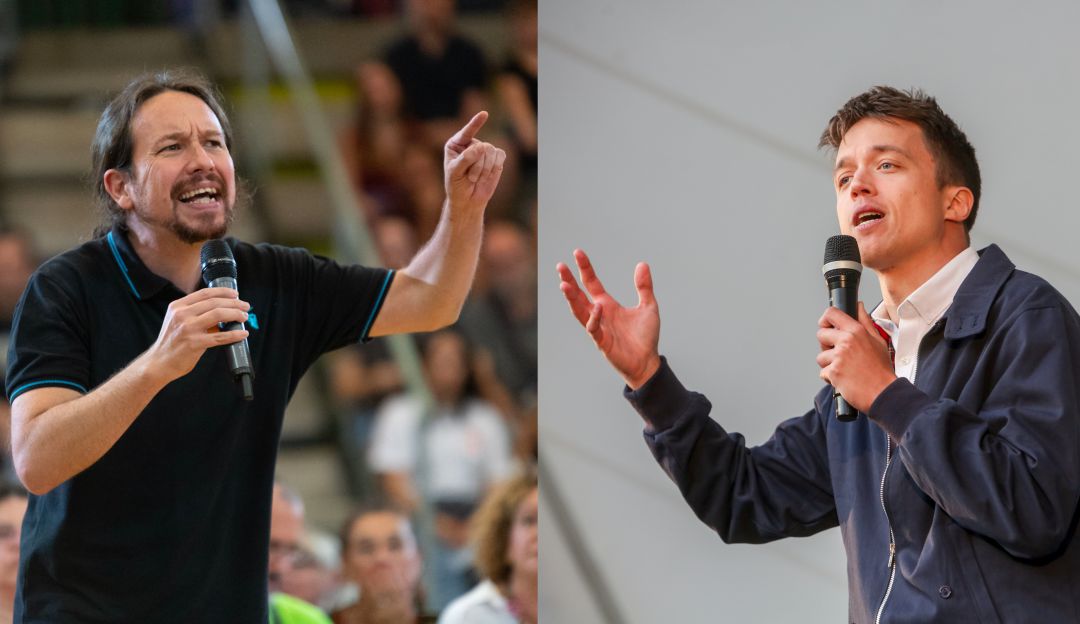 A la izquierda, Pablo Iglesias de Unidas Podemos; a la derecha, Íñigo Errejón de Más País A la izquierda, Pablo Iglesias de Unidas Podemos; a la derecha, Íñigo Errejón de Más País