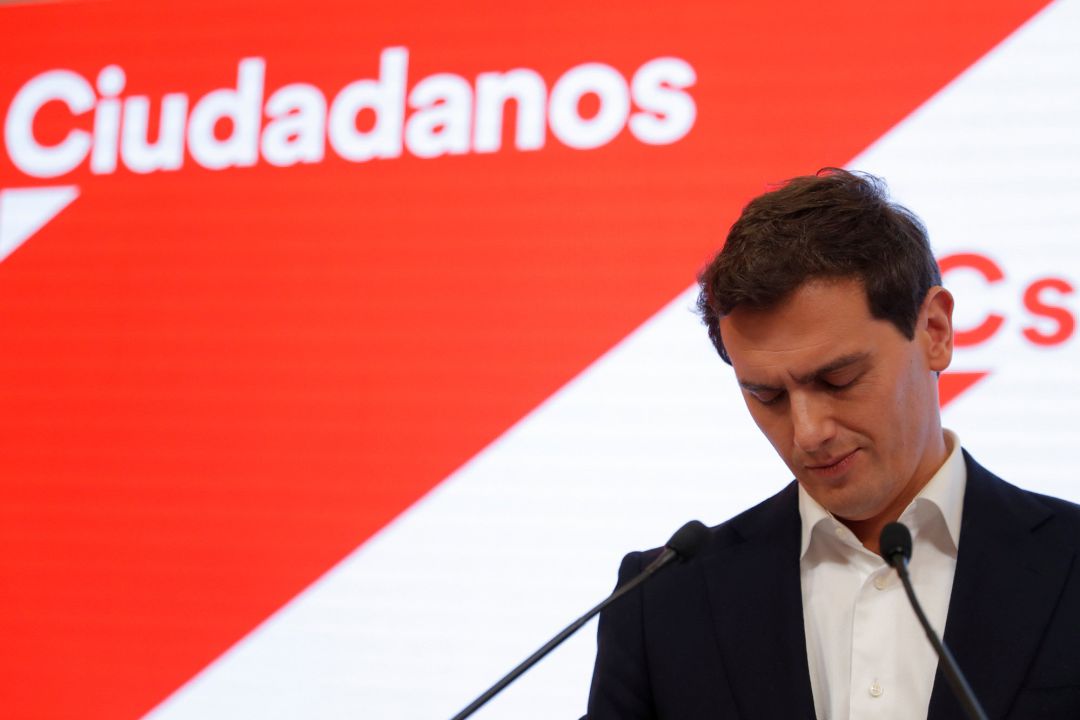 Albert Rivera durante el acto en el que ha anunciado su renuncia este lunes. Albert Rivera durante el acto en el que ha anunciado su renuncia este lunes.