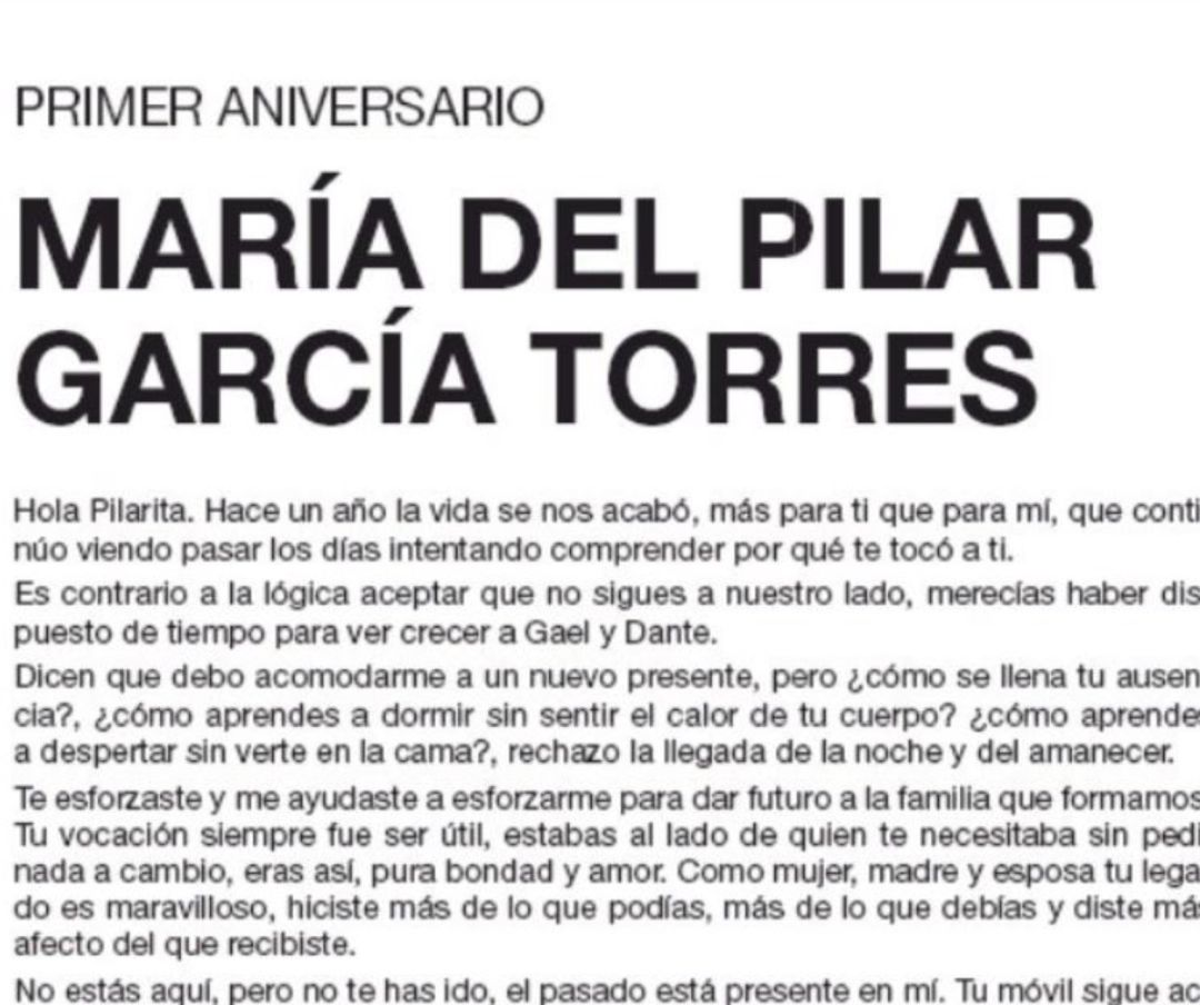 Esquela dedicada a María del Pilar García Torres. Esquela dedicada a María del Pilar García Torres.