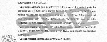 Página del documento al que ha tenido acceso la SER en la que se recoge que, según el testimonio del técnico, las subvenciones eran falsas. Página del documento al que ha tenido acceso la SER en la que se recoge que, según el testimonio del técnico, las subvenciones eran falsas.