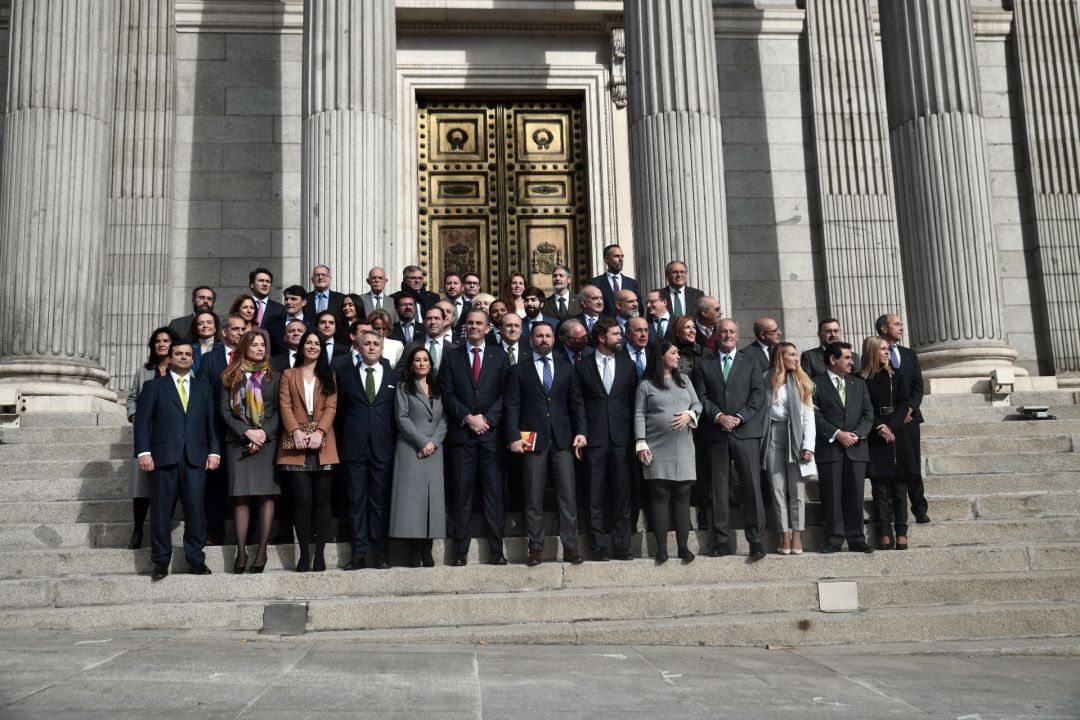 Foto de familia de los 52 diputados electos de Vox en la escalinata principal del Congreso de los Diputados. Foto de familia de los 52 diputados electos de Vox en la escalinata principal del Congreso de los Diputados.