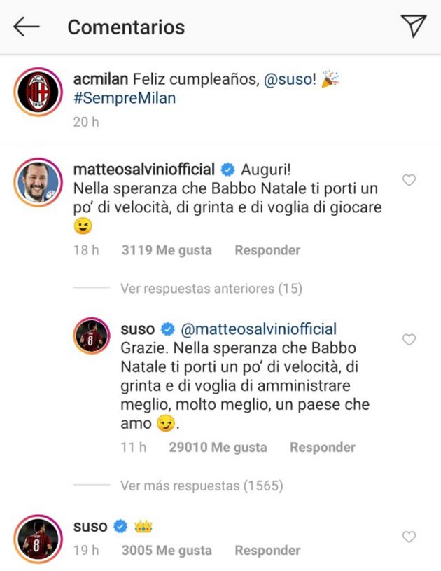 El futbolista español Suso arremete contra Salvini... por una felicitación de cumpleaños El futbolista español Suso arremete contra Salvini... por una felicitación de cumpleaños