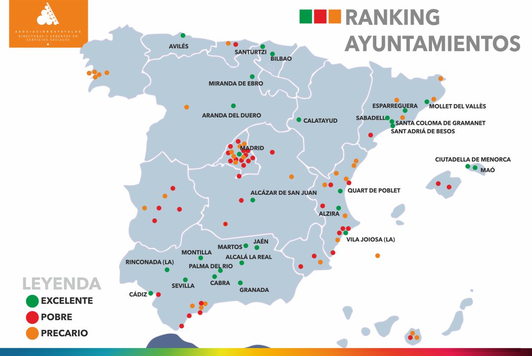 El mapa elaborado por la Asociación de Directoras y Gerentes de Servicios Sociales sobre los presupuestos que los ayuntamientos de más de 20.000 habitantes dedican a la partida de servicios sociales y promoción social. El mapa elaborado por la Asociación de Directoras y Gerentes de Servicios Sociales sobre los presupuestos que los ayuntamientos de más de 20.000 habitantes dedican a la partida de servicios sociales y promoción social.
