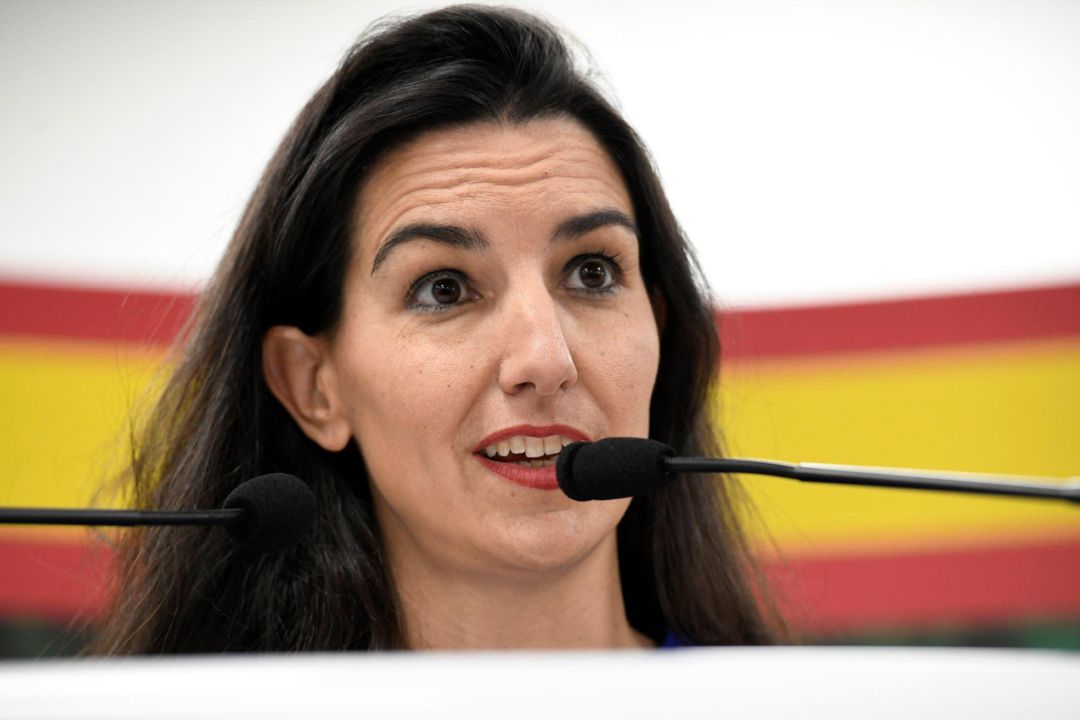 La portavoz de Vox en el Parlamento madrileño, Rocío Monasterio, durante la rueda de prensa esta mañana en la sede madrileña de esta formación. La portavoz de Vox en el Parlamento madrileño, Rocío Monasterio, durante la rueda de prensa esta mañana en la sede madrileña de esta formación.