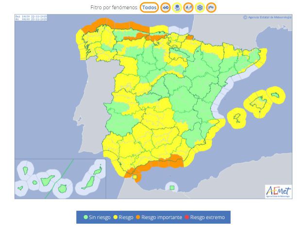 Las Islas Canarias son la única CCAA que se libra este viernes de los avisos de Aemet. Las Islas Canarias son la única CCAA que se libra este viernes de los avisos de Aemet.