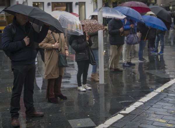 Un grupo de personas esperan el autobús protegidos de la lluvia bajo sus paragüas. En Sevilla, (Andalucía), a 22 de noviembre de 2019. SEVILLA, 22.11.19. Temperaturas. Rachas de viento y lluvia en la capital hispalense. María José López / Europa Press 22/11/2019