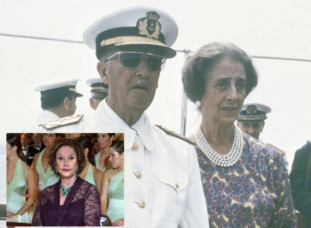 En la foto del fondo, los Franco en Galicia. En la de la esquina inferior, Carmen Franco luce el collar de esmeraldas y diamantes subastado en Londres. En la foto del fondo, los Franco en Galicia. En la de la esquina inferior, Carmen Franco luce el collar de esmeraldas y diamantes subastado en Londres.
