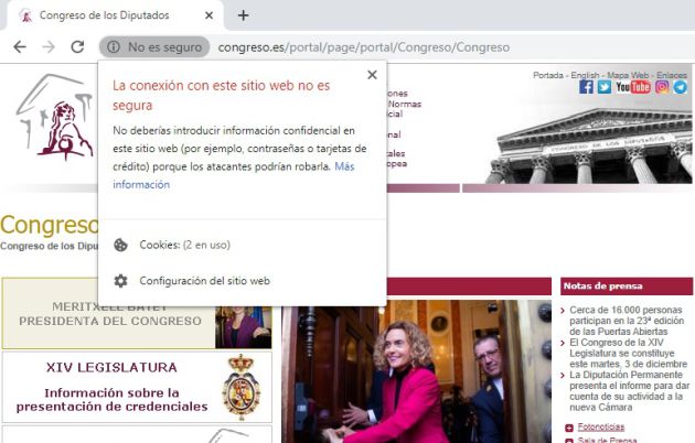 "La conexión con este sitio web no es segura", el mensaje que aparece en el buscador en la página web del Congreso de los Diputados "La conexión con este sitio web no es segura", el mensaje que aparece en el buscador en la página web del Congreso de los Diputados